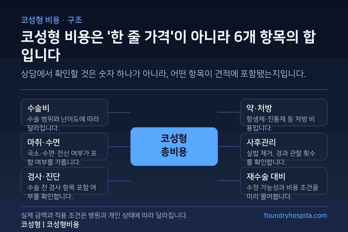 코성형 총비용을 구성하는 6개 항목 - 수술비, 마취·수면, 검사·진단, 약·처방, 사후관리, 재수술 대비