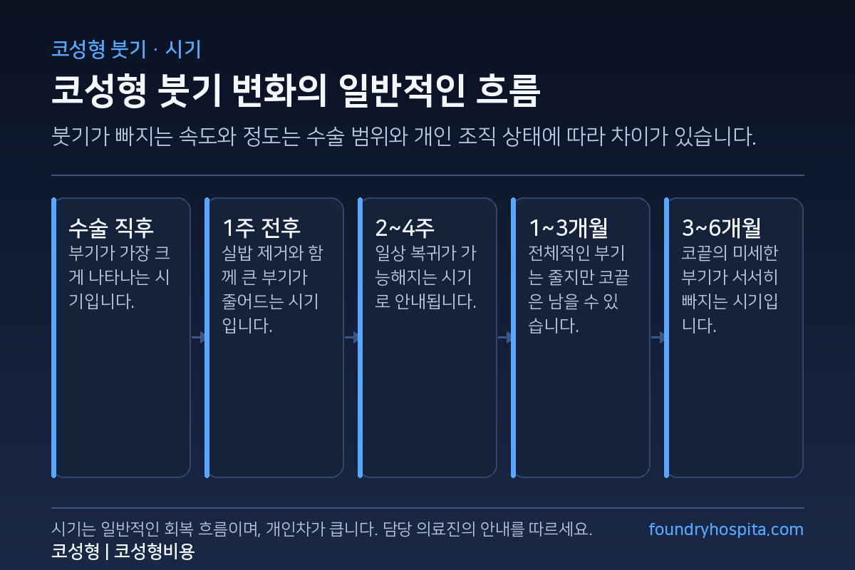 코성형 붓기 변화의 일반적인 흐름 - 수술 직후, 1주 전후, 2~4주, 1~3개월, 3~6개월